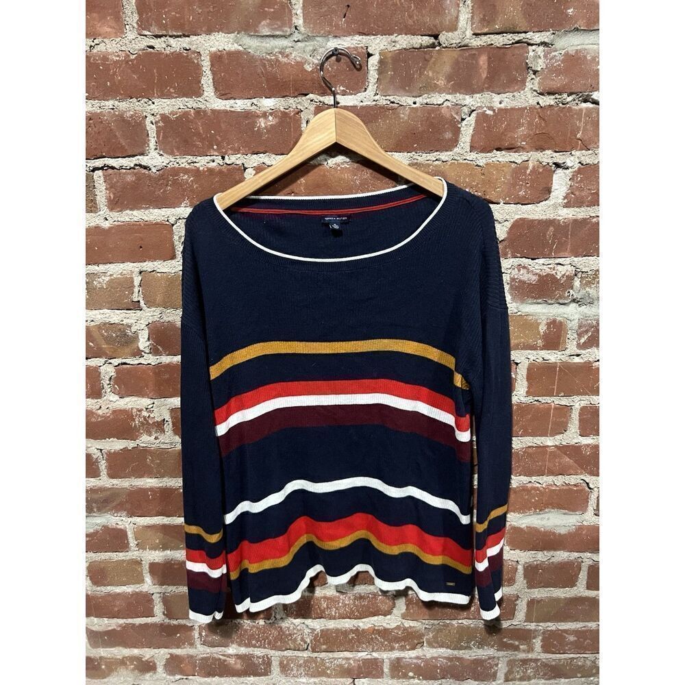 Tommy Hilfiger Womens Blue Knit Striped Pullover Sweatshirt Size XL